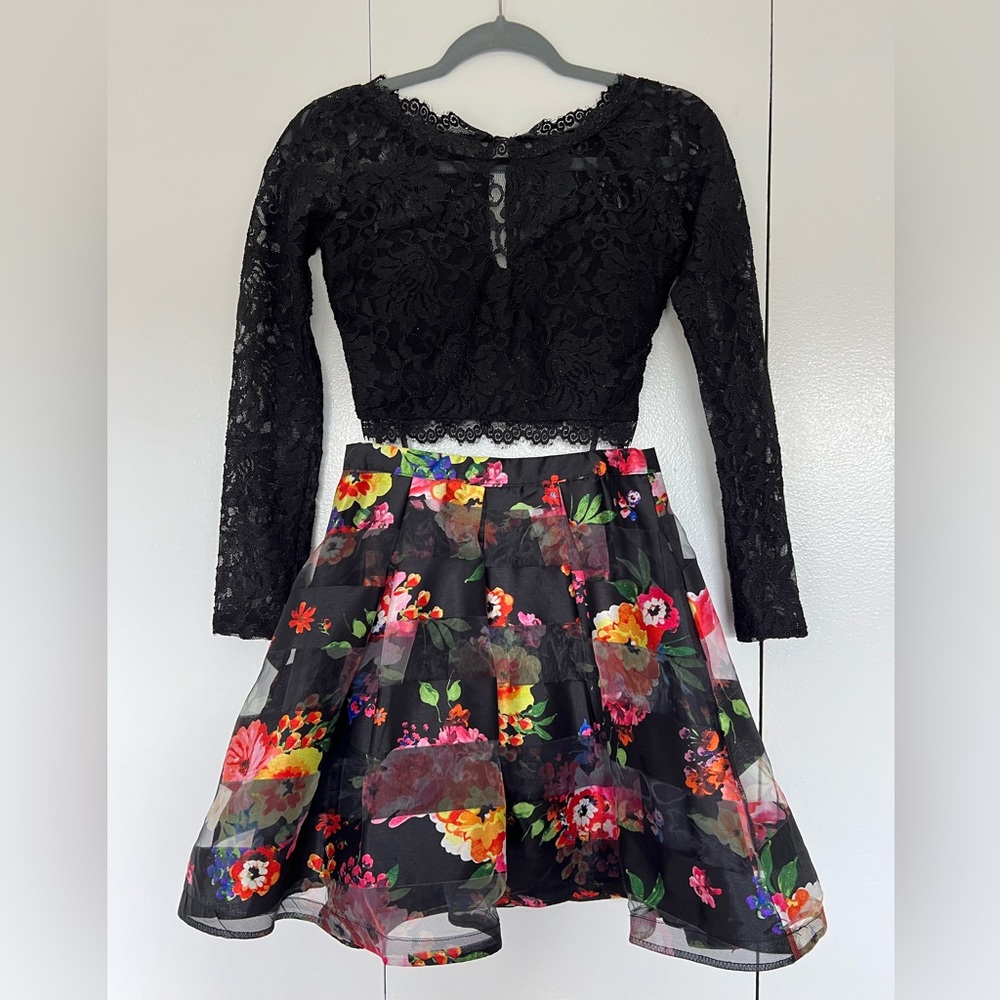 Two Piece Dress With Long Sleeve Lace Top And Floral Black Skirt